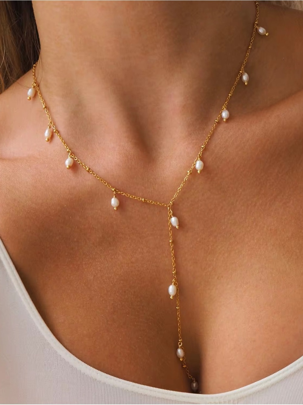 18K Gold Plated Freshwater Pearl Lariat Drop Necklace - Picture 5 of 9